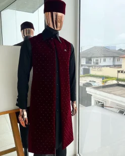 An “Eyes Wide Shut” mahogany red soaked Italian velvet Ceremonial suktan with black Swarovski stone detailing
