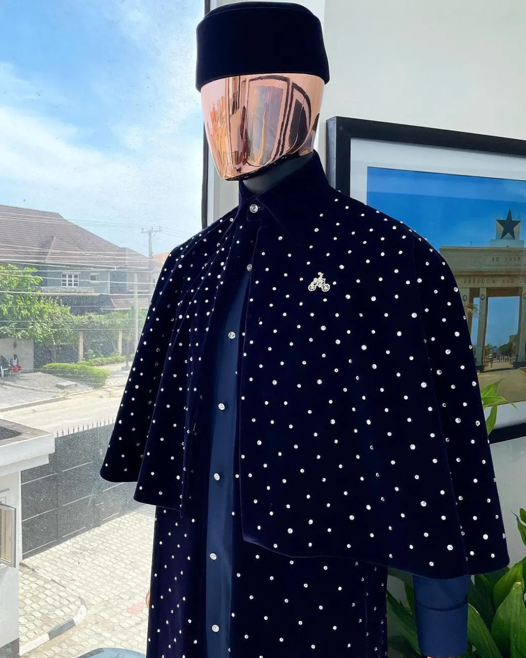 An “Eyes Wide Shut” navy blue velvet Ceremonial suktan with silver crystals Swarovski detailing