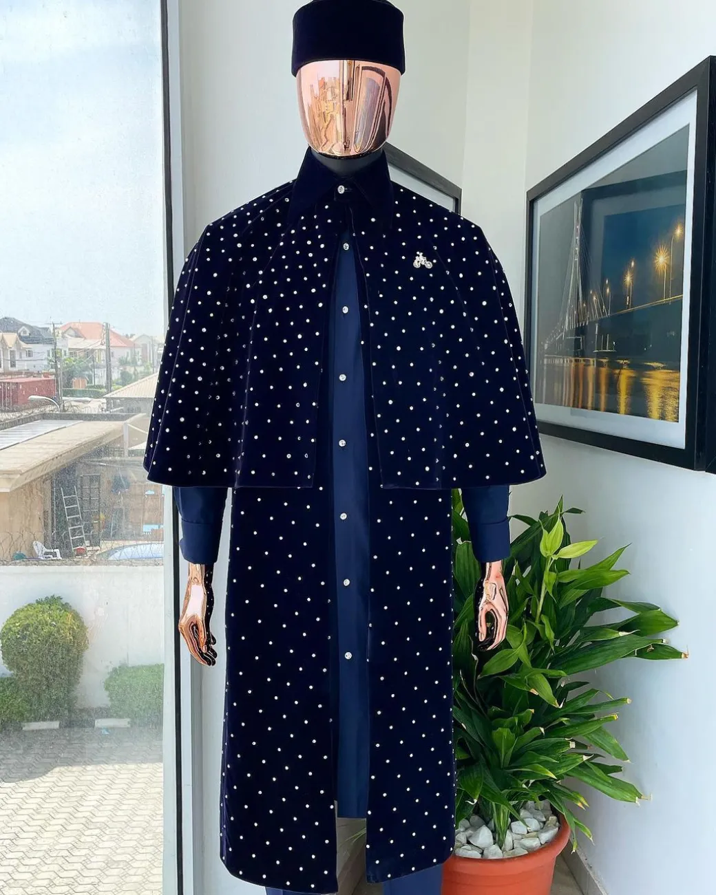 An “Eyes Wide Shut” navy blue velvet Ceremonial suktan with silver crystals Swarovski detailing
