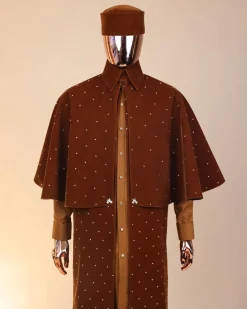 An “Eyes Wide Shut” syrup brown Italian velvet Ceremonial suktan with gold crystals Swarovski stone