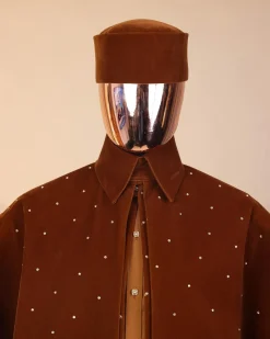 An “Eyes Wide Shut” syrup brown Italian velvet Ceremonial suktan with gold crystals Swarovski stone