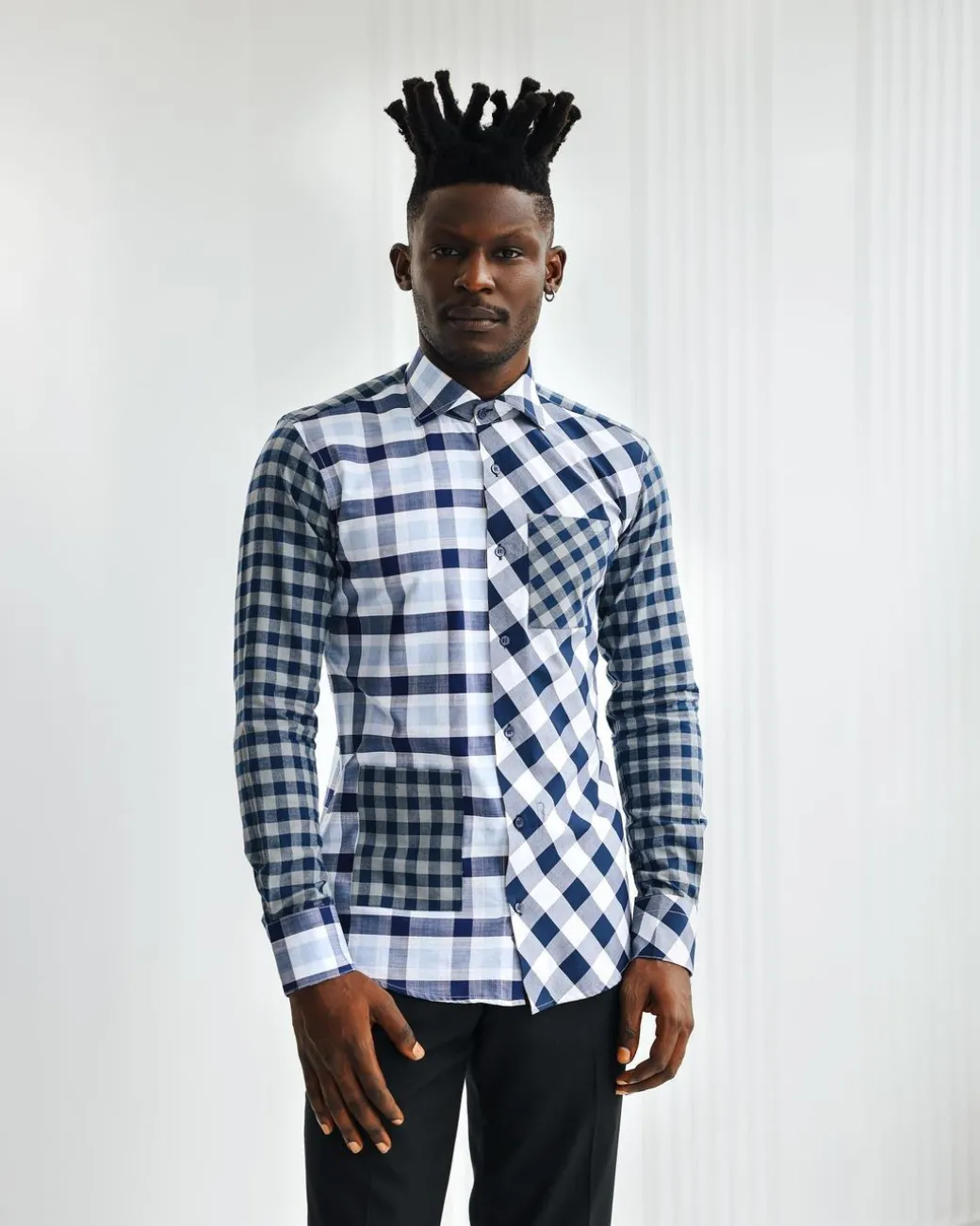 An Intersected Checkerboard & Windowpane Check Layered Casual Shirt.