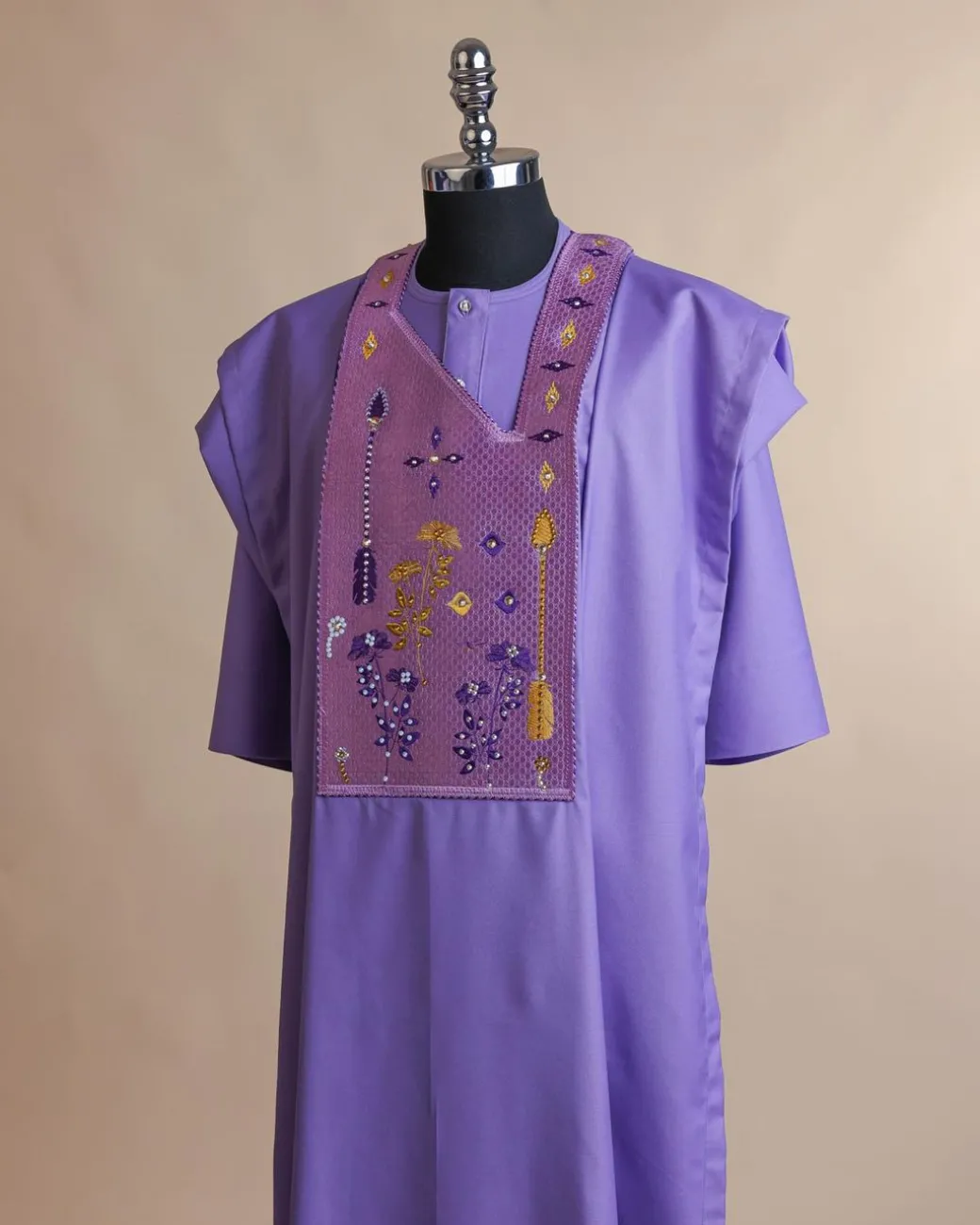 An Iris Purple, arrow & floral metallic wire embroidery design with ss30 and ss20 gold and silver Swarovski stone details agbada