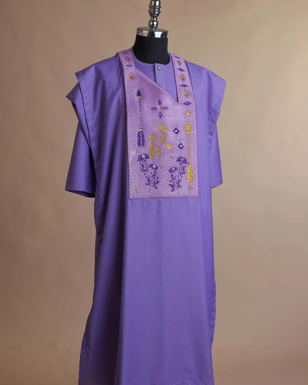 An Iris Purple, arrow & floral metallic wire embroidery design with ss30 and ss20 gold and silver Swarovski stone details agbada