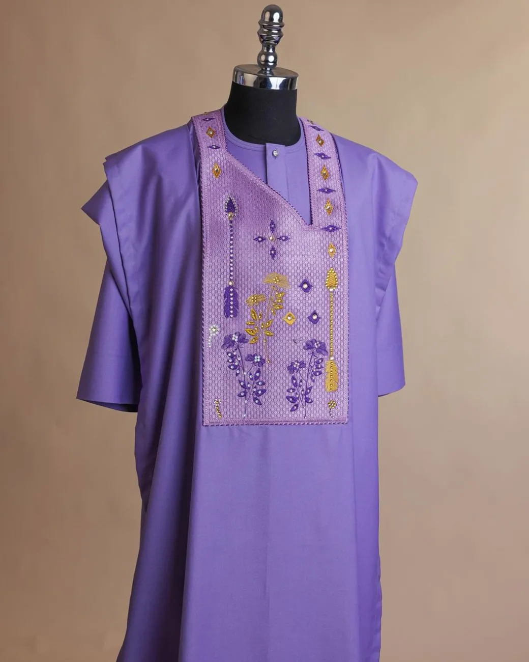 An Iris Purple, arrow & floral metallic wire embroidery design with ss30 and ss20 gold and silver Swarovski stone details agbada