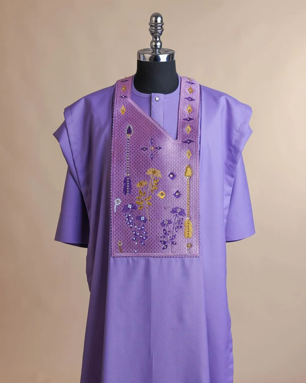 An Iris Purple, arrow & floral metallic wire embroidery design with ss30 and ss20 gold and silver Swarovski stone details agbada
