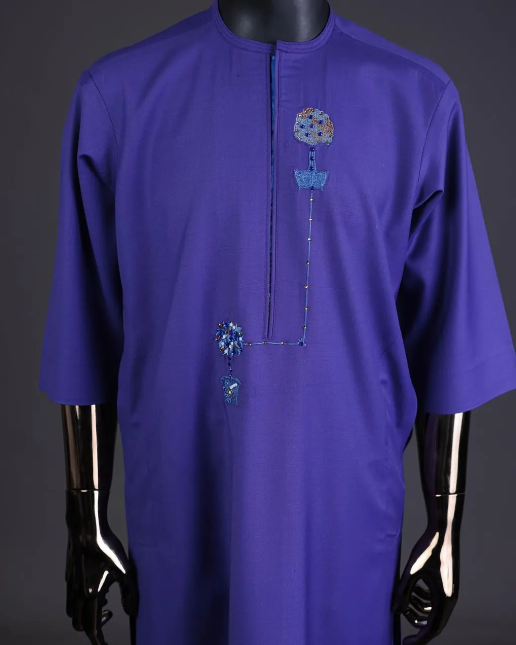 An Iris purple flower pot embroidery detailing with Swarovski details kaftan and Sokoto