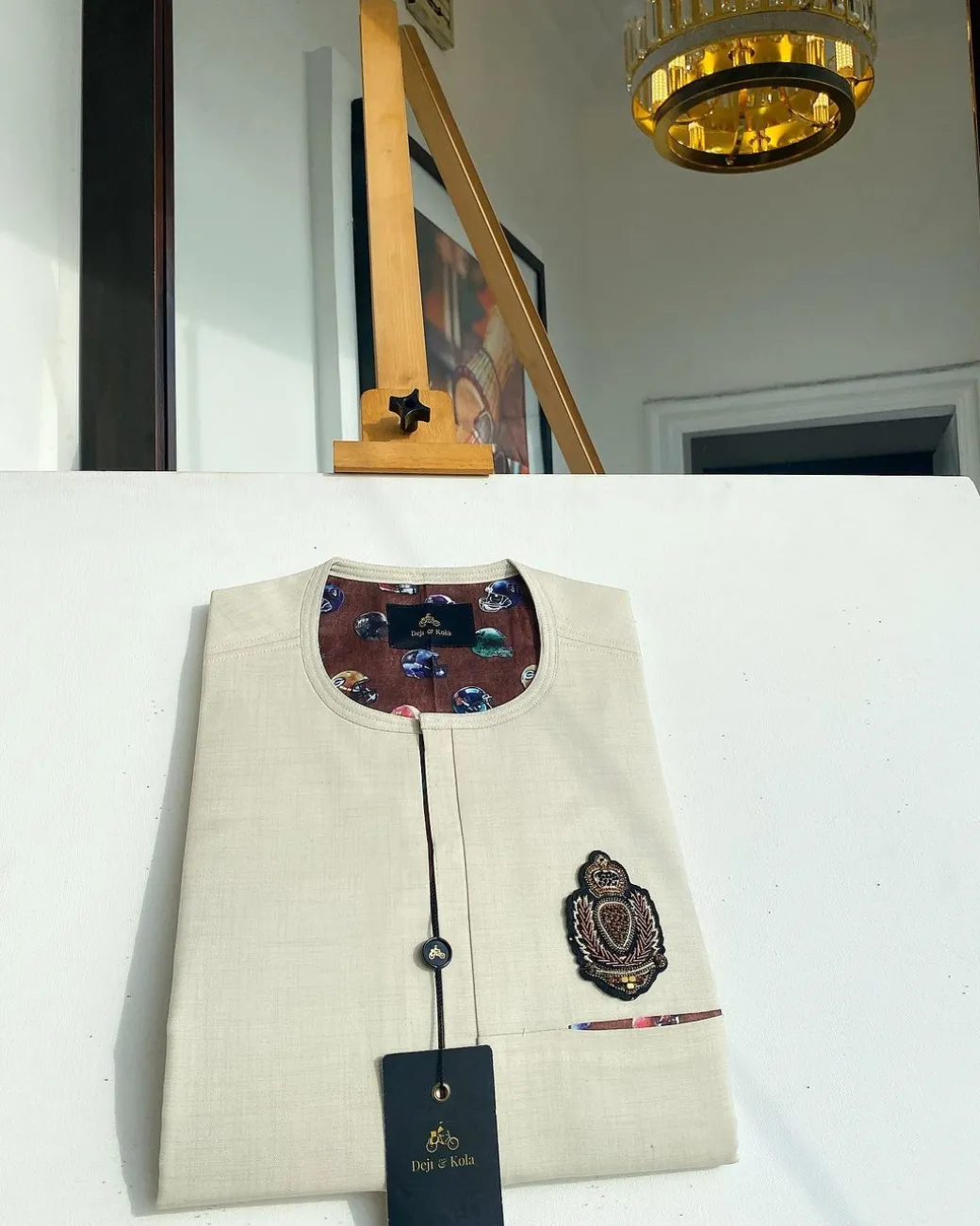 An Irish cream front flap and hand embroidery patch detailing African Kaftan sokoto