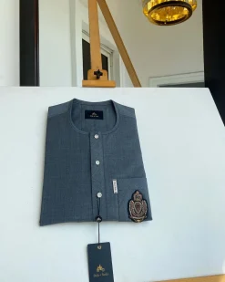 An Irish grey kaftan, button front flap, hand embroidery patch detailing, and a silver Swarovski African Kaftan and Sokoto