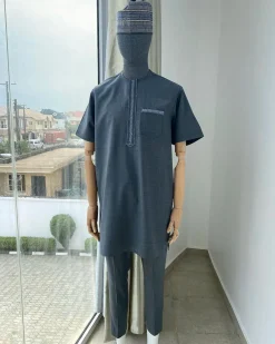 An Irish grey traditional embroidery senator kaftan.