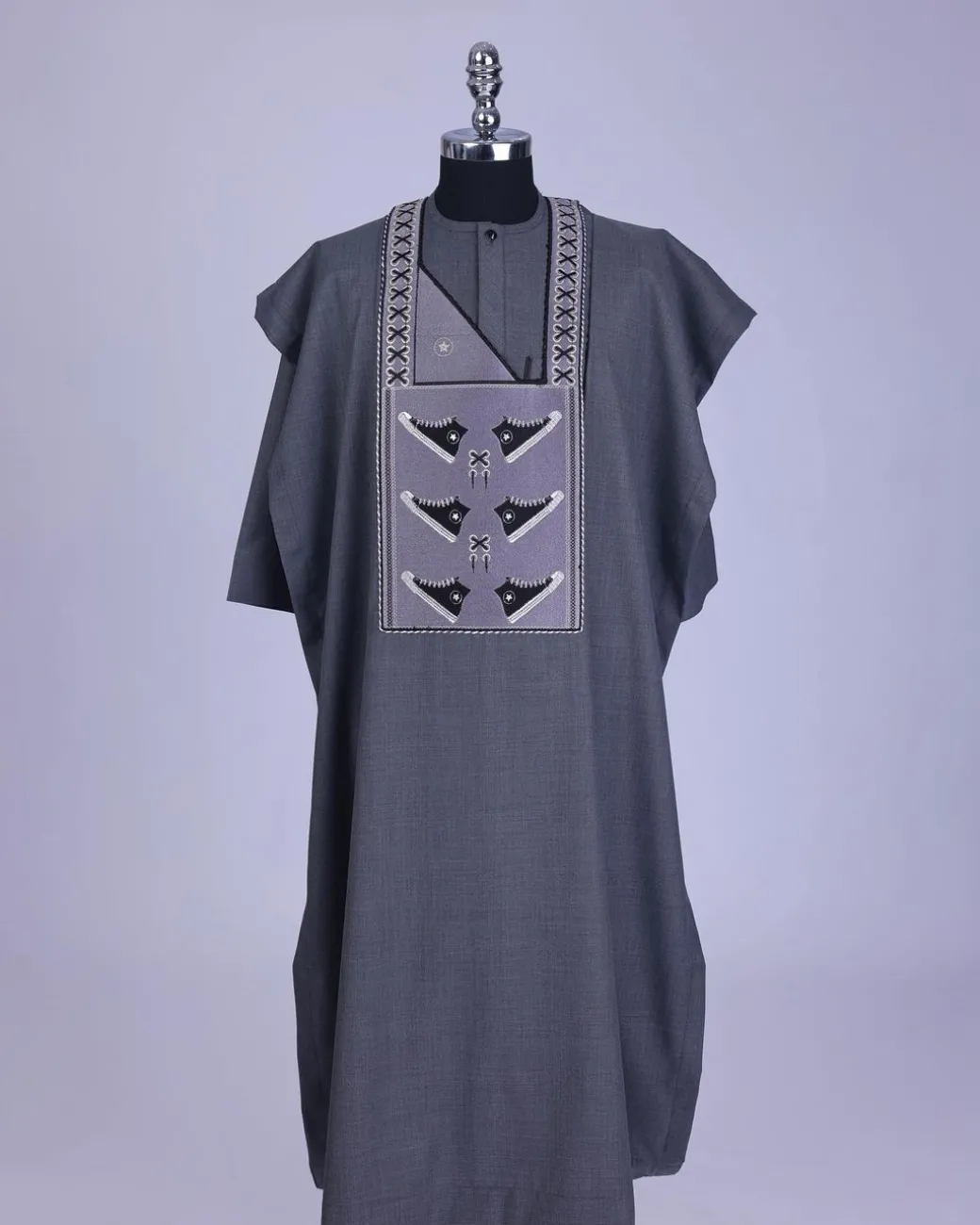 An Iron Grey, stepping all stars metallic wire embroidery details agbada