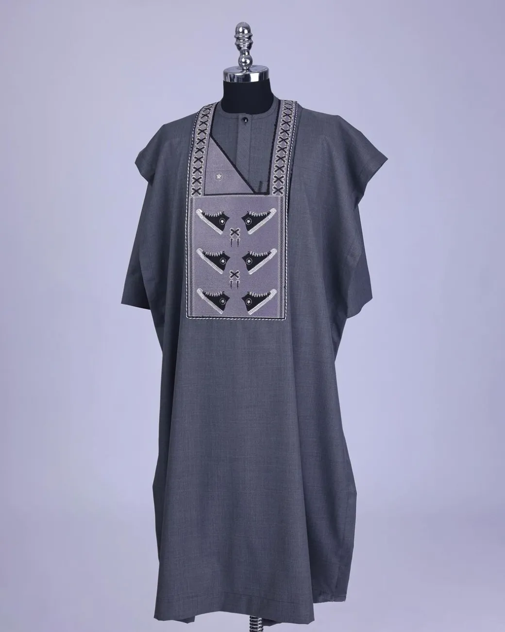 An Iron Grey, stepping all stars metallic wire embroidery details agbada