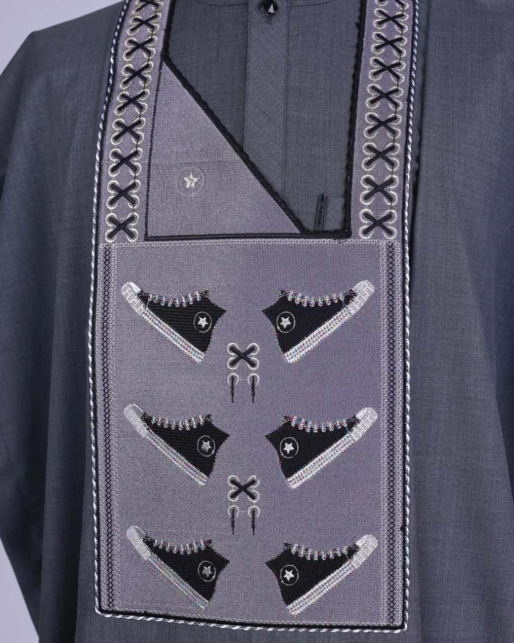 An Iron Grey, stepping all stars metallic wire embroidery details agbada