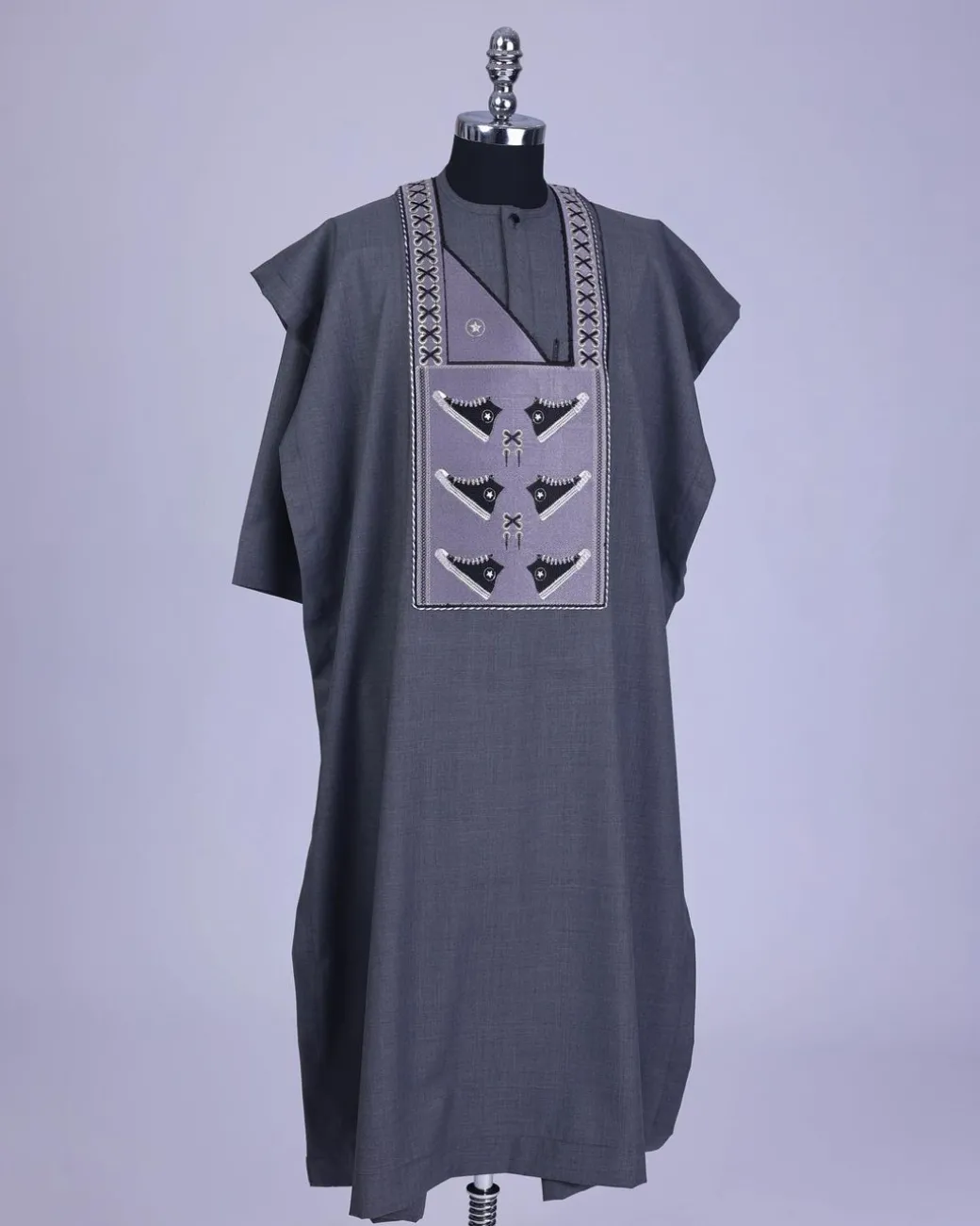 An Iron Grey, stepping all stars metallic wire embroidery details agbada