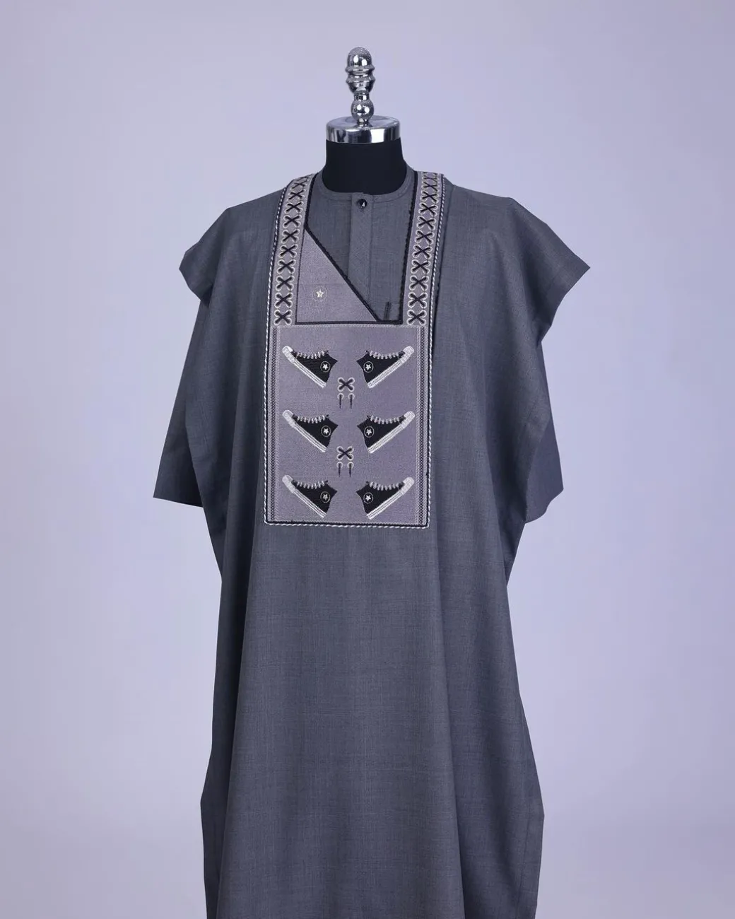 An Iron Grey, stepping all stars metallic wire embroidery details agbada