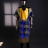 An “Isiagba” gold, blue with matching fringe details, short sleeve top & velvet pant African traditional native.