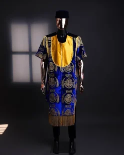 An “Isiagba” gold, blue with matching fringe details, short sleeve top & velvet pant African traditional native.