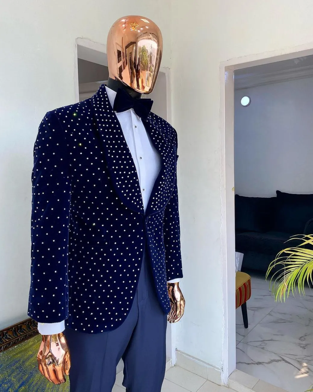 An Italian blue velvet tuxedo suit with silver Swarovski stone details