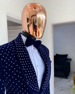An Italian blue velvet tuxedo suit with silver Swarovski stone details