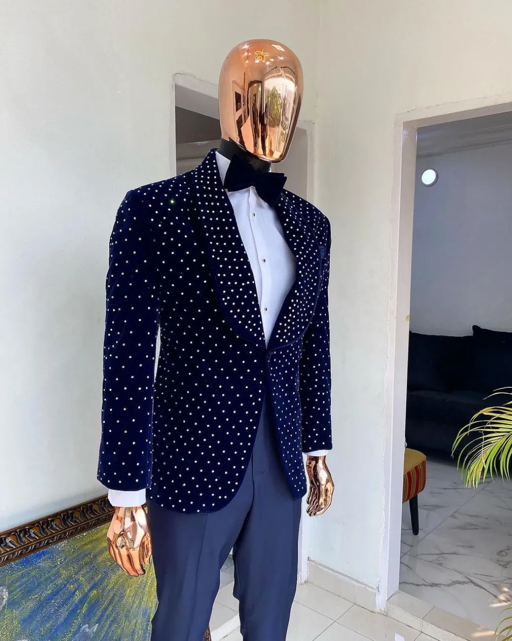 An Italian blue velvet tuxedo suit with silver Swarovski stone details