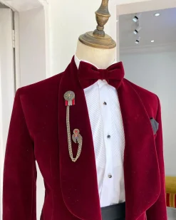 An Italian velvet burgundy Shawl lapel tuxedo suit