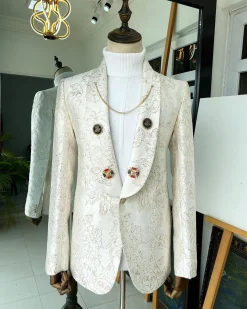 An Ivory Gold Patterned “From The Same Side” Shawl lapel Tuxedo Suit