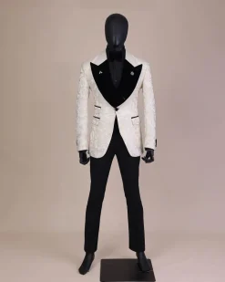 An Ivory white and Gold Floral patterned Peak lapel metallic jacquard tuxedo suit.