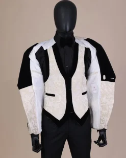 An Ivory white and Gold Floral patterned Peak lapel metallic jacquard tuxedo suit.