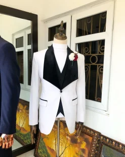 An Ivory White, Black Velvet Lapel tuxedo Suit