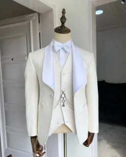 An Ivory White “Celestial” shawl lapel tuxedo tailored suit