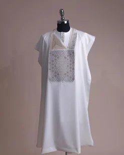 An Ivory white, chinoiserie chic pagoda with layers metallic wire embroidery details agbada