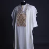 An Ivory White, Connected inverted cube -layered 3D embroidery design with splashed gold ss30 Swarovski stone details Agbada
