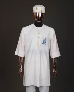 An Ivory white, front flap with dropping star embroidery , 3/4 sleeve African senator kaftan native.