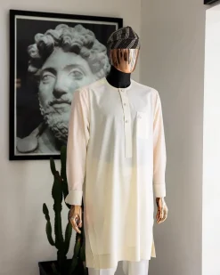 An Ivory white front flap with silver Swarovski button details, long-sleeve African senator kaftan native