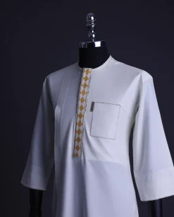 An Ivory White, front flap, patch pocket with gold embroidery detailing African senator kaftan native.