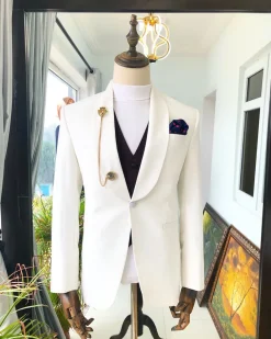 An Ivory “White Ivorian” Shawl Lapel tuxedo Suit
