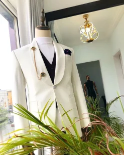 An Ivory “White Ivorian” Shawl Lapel tuxedo Suit