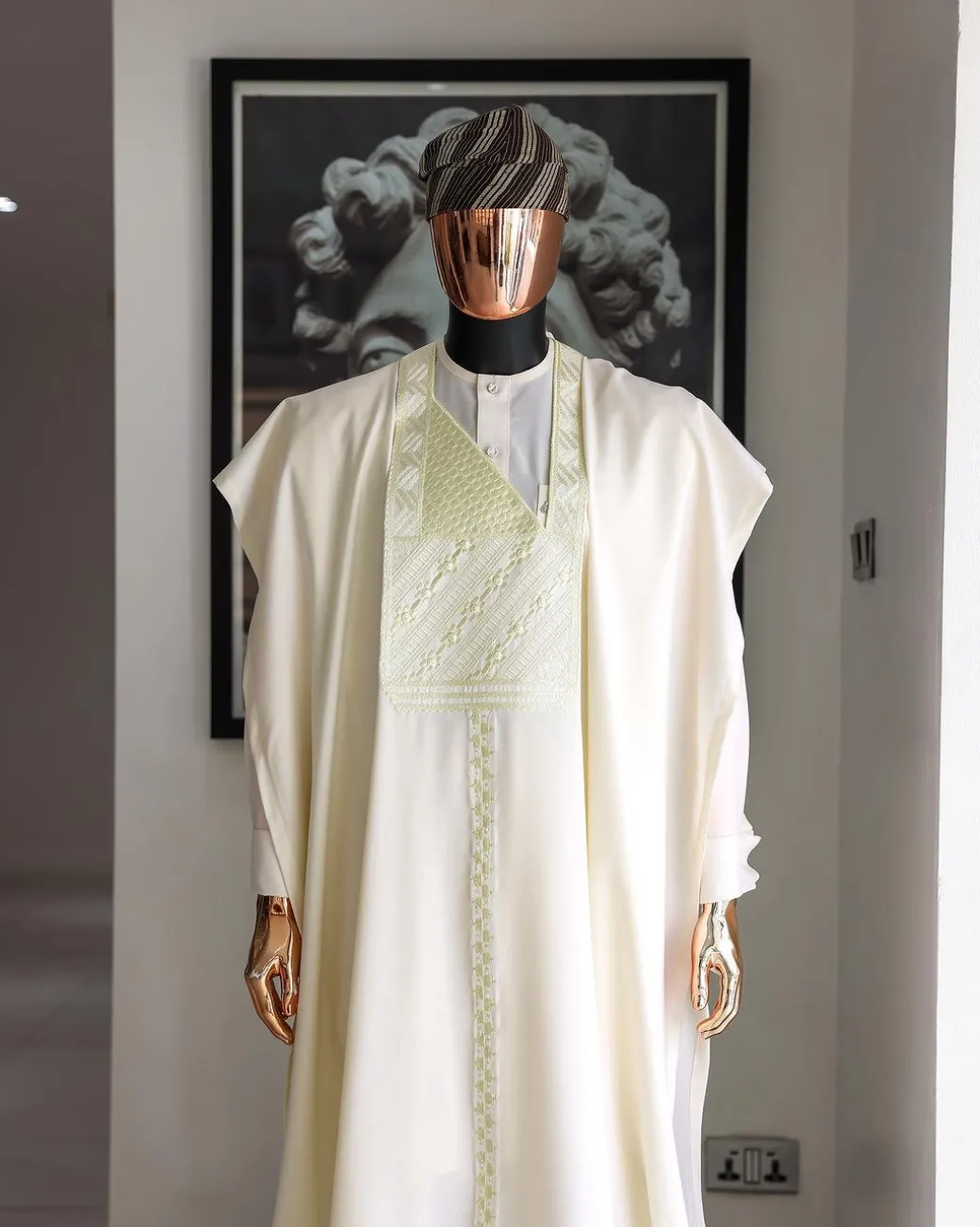 An Ivory White, Jakan And Lines Embroidery Details Agbada, 3/4 Sleeve Kaftan, And Sokoto