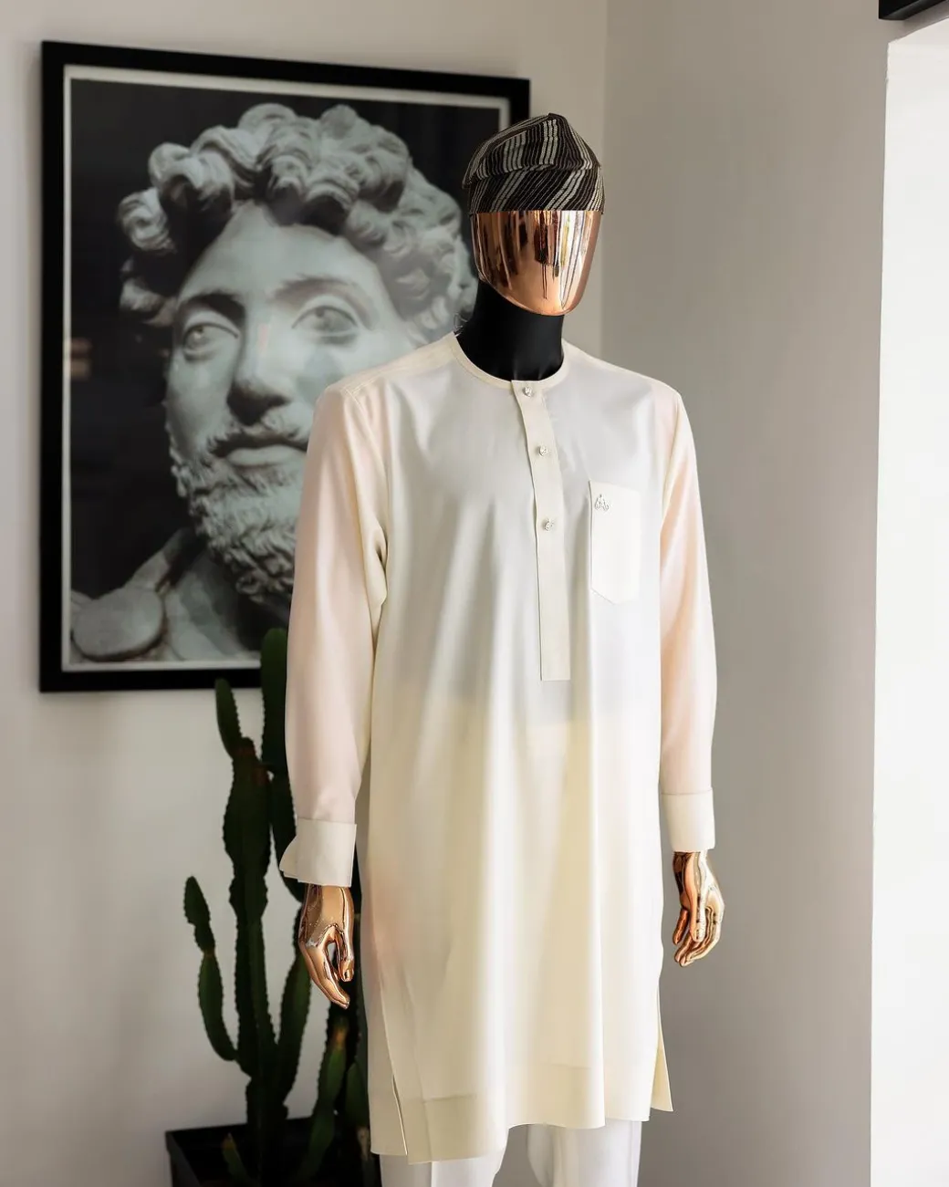 An Ivory White, Jakan And Lines Embroidery Details Agbada, 3/4 Sleeve Kaftan, And Sokoto