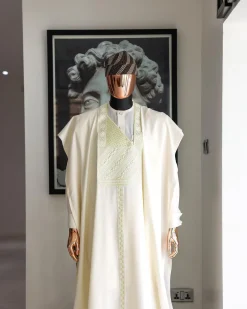 An Ivory White, Jakan And Lines Embroidery Details Agbada, 3/4 Sleeve Kaftan, And Sokoto