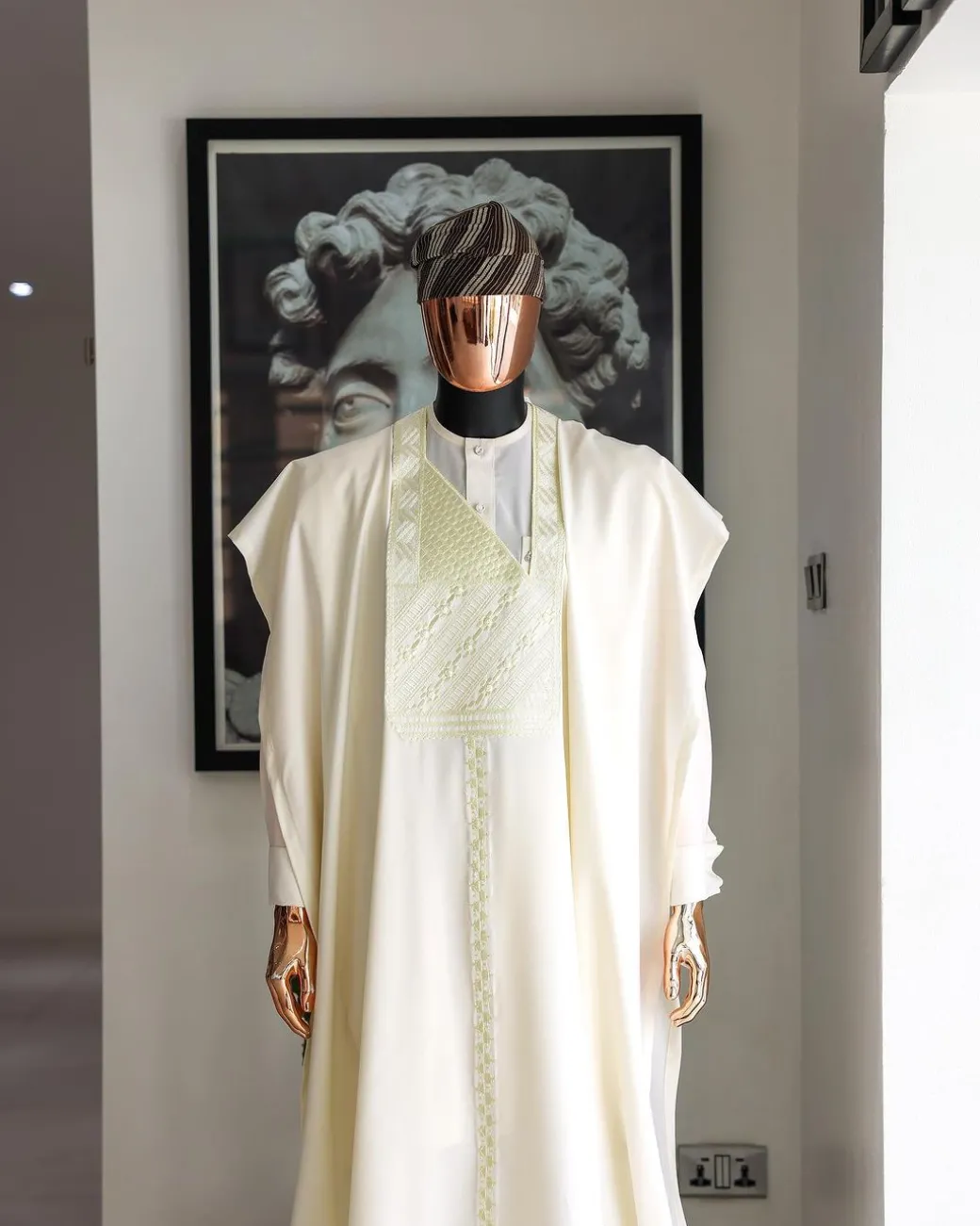 An Ivory White, Jakan And Lines Embroidery Details Agbada, 3/4 Sleeve Kaftan, And Sokoto