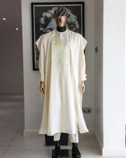 An Ivory White, Jakan And Lines Embroidery Details Agbada, 3/4 Sleeve Kaftan, And Sokoto