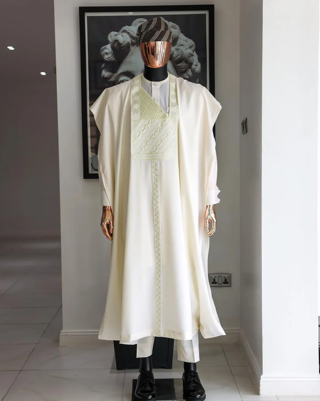 An Ivory White, Jakan And Lines Embroidery Details Agbada, 3/4 Sleeve Kaftan, And Sokoto