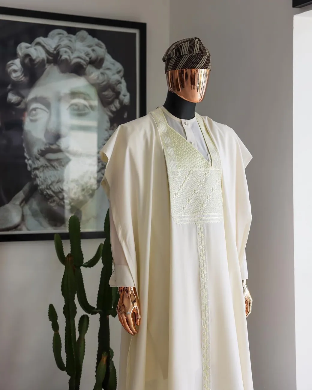 An Ivory White, Jakan And Lines Embroidery Details Agbada, 3/4 Sleeve Kaftan, And Sokoto