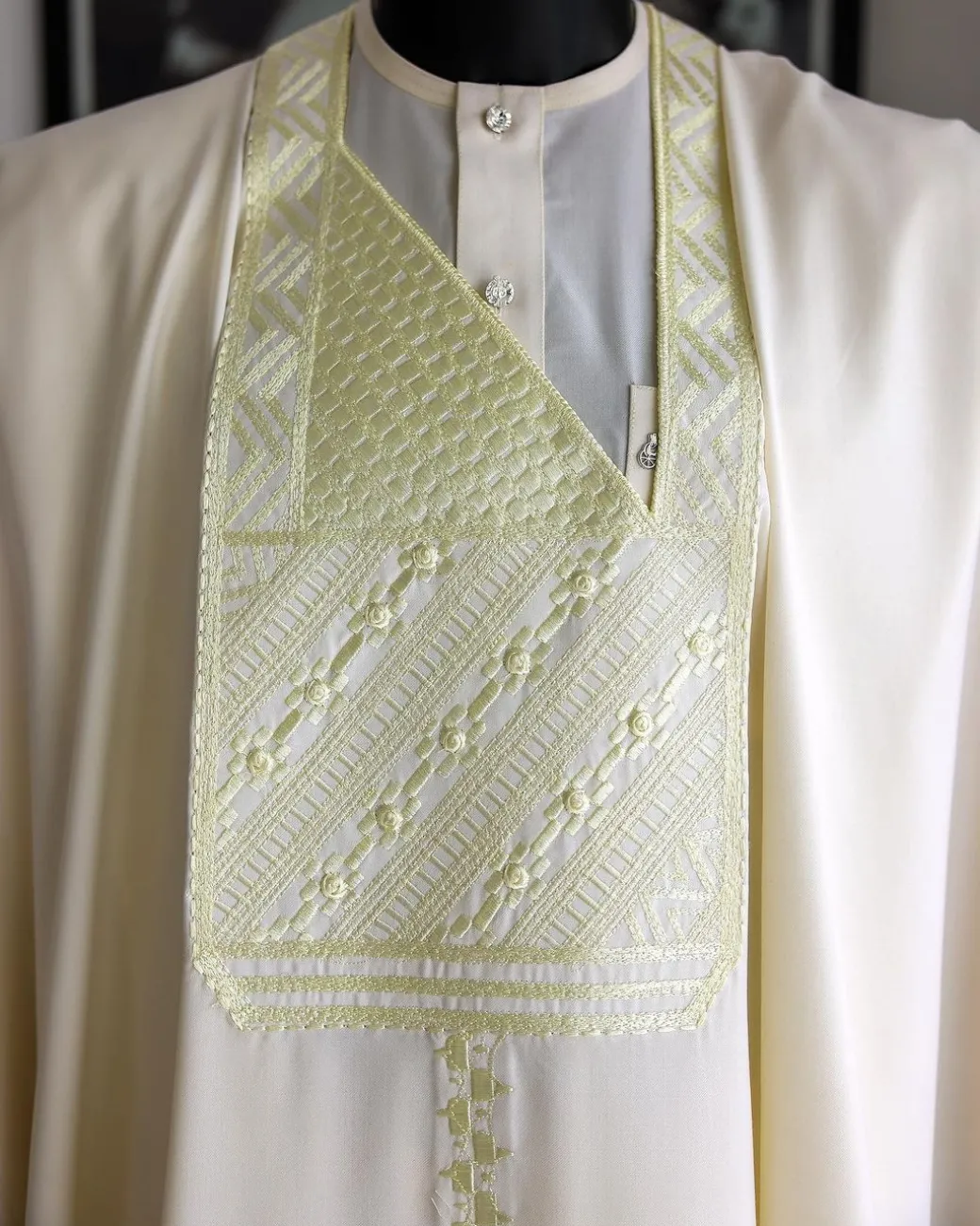 An Ivory White, Jakan And Lines Embroidery Details Agbada, 3/4 Sleeve Kaftan, And Sokoto
