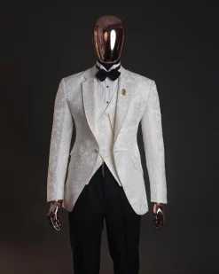 An ivory white, knitted, root floral jacquard notch tuxedo lapel suit