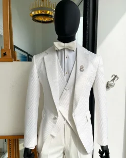An Ivory white, notch lapel, infinity “maze” line Japanese patterned jacquard suit