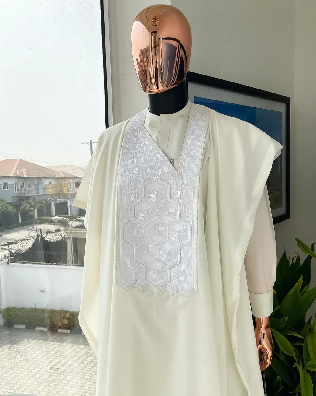 An Ivory white precision 3D imagery embroidery agbada