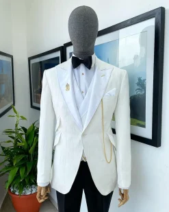 An Ivory white reloaded “celestial” teardrop pattern jacquard hand-picked peak lapel tuxedo Suit