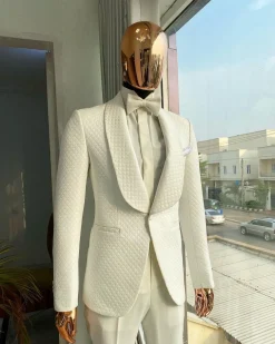 An Ivory white reloaded “Road To Damascus” monochrome square pattern jacquard tuxedo suit.